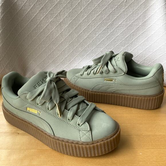 PUMA x FENTY Creeper Phatty Leather Sneakers Green Fog Nubuck Gum Sole Size 10 - Picture 2 of 10